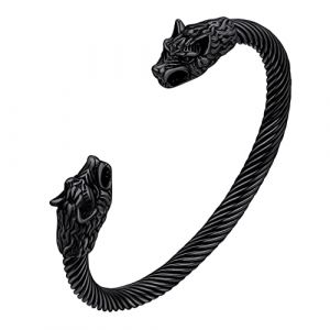 FaithHeart Bracelet Homme Loup Noir Bracelets Viking Tête de Loup Acier Inoxydable Bijoux Jonc Gothique (FaithHeart Jewellery, neuf)