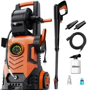 Nettoyeur Haute Pression &eacute;lectrique 145 Bar, 420 l/h, rendement 50 m&sup2;/h, Canon &agrave; Mousse et Buses r&eacute;glables, Laveur Haute Pression pour Voiture, terrasses, cl&ocirc;tures et all&eacute;es, Rouge (Blue Fins, neuf)