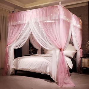 HUOQOU Baldaquin Princesse avec Volants Ciel de Lit Rectangulaire à 4 Ouvertures Moustiquaire Double Couche pour Chambre de Fille Décoration Romantique Doux et Respirant (rose/blanc,1,5W x2l x2,1H(m)) (blingbling textile, neuf)