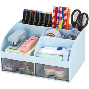 KAHEIGN Organisateur de Bureau avec 2 Tiroirs, 19CM x 14CM Organisateur de Bureau Multifonctionnel Porte-Stylo de Grande Capacité Organisateur de Maquillage pour Bureau École Maison Tableau (Bleu) (KAHEIGN-EU, neuf)