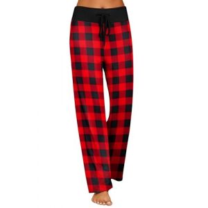Ekouaer Bas de Pyjama &agrave; Carreaux Femme Long Pantalon Pyjama Femme Carreaux Doux Pantalon D&eacute;contract&eacute; avec Cordon de Serrage Rouge Noir (Ekouaer EU, neuf)
