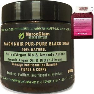 Savon Noir Hammam à l'huile d'argan BIO et l'Amandes amères 250g + Gant de gommage Kessa. Gommage au savon noir Corps et Visage, Purifiant Hydratant et Nourissant (MAROC GLAM, neuf)