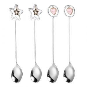 WUSJCOF 4 pi&egrave;ces Cuill&egrave;res &agrave; Expresso en Acier Inoxydable, Lavable au Lave-Vaisselle, Formes C&oelig;ur et &Eacute;toile, Cuill&egrave;res &agrave; Caf&eacute;, Petite Cuill&egrave;re &agrave; Caf&eacute;, Cuill&egrave;re &agrave; Th&eacute;, Mini Cuillere 10,4 cm (Argent) (NAROU DUTEN, neuf)