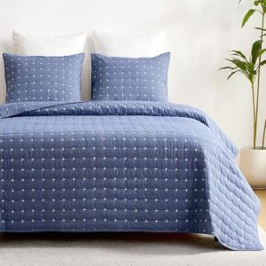 Qucover Couvre Lit 220x240 en Coton Lavé Super Doux et Confortables, Boutis Couvre Lit Matelassés avec Motif Moderne de Point de Croix, Courtepointe Couette d'Été Bleu avec 2 Taies d'oreiller 50x75cm (CAIXIAO, neuf)
