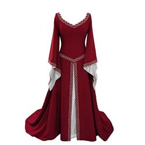 YUDATPG Robe m&eacute;di&eacute;vale &eacute;vas&eacute;e &agrave; manches longues, robe Renaissance pour femme, chemise paysanne, costume d'Halloween, robe de f&eacute;e gothique, chemise de nuit, d&eacute;guisement, Rouge, M (PlumZhou, neuf)