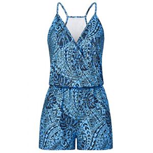 Loveternal Combinaison Femme Salopette Femme Été Court Barboteuse feuilles bleues One Piece Combishort Sans Manches Élégant Sexy Bretelles Dos Nu Poches V Cou Plage, M (Chuangjinghai, neuf)