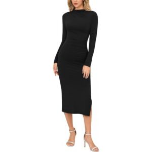Sukiglam Robe Moulante &agrave; Manches Longues pour Femmes &Eacute;l&eacute;gante Midi Robes Col Montant Sexy Robe Longue avec Fente Robes Crayon Fronc&eacute;e Automne Hiver Bodycon Dress pour Soir&eacute;e Cocktail F&ecirc;te Mariage (Sukiglam Store, neuf)