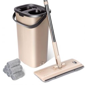 Masthome Balai Serpillière et Seau Essoreur, Balai Microfibre Plat Rotatif 360° et Seau à 2 Compartiments, Séchante et 6 Tampons en Microfibre, Vadrouille de Mains Libre pour Nettoyage de Sol (masthome, neuf)