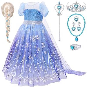 Deguisement Reine Des Neiges Fille avec Elsa Perruque Couronner Collier Bracelet Robe Reine Des Neiges Princesse Elsa Costume pour Fille 3 4 5 6 7 8 9 10 Ans Anniversaire No&euml;l Halloween Carnaval (120) (vamei, neuf)
