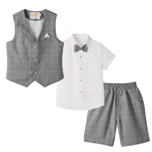 LOLANTA 4 pièces Costume Enfant Garcon Mariage Ete, Vetements Garcon Ceremonie, Short Gilet Chemise nœud Papillon, 8-9 Ans, Gris Foncé, Fabricant 140 (LOLANTA, neuf)