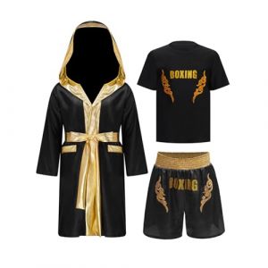 Oyolan Enfant Garçon Short de Boxe et T-Shirt Peignoir Robe de Boxe à Capuche Ensemble Combat Muay Thai MMA Kick Boxing B Or Noir 11-12 Ans (Oyolan EU, neuf)
