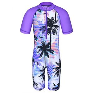 HUAANIUE Filles Maillot de Bain 1 Pi&egrave;ce 2-12 Ans, Anti-UV UPF 50+ Manches Courtes, Fermeture &Eacute;clair Frontale, Imprim&eacute;s Color&eacute;s, Id&eacute;al pour Plage et Piscine (S345-Arbre Violet, 6-8 Ans) (HUANQIU EUR STORE, neuf)