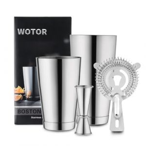 WOTOR Boston Ensemble shaker &agrave; cocktail lest&eacute; en acier inoxydable de 530 ml et 830 ml, passoire, doseur double, outils de bar professionnels pour barman (argent&eacute;) (Kitchenlove, neuf)