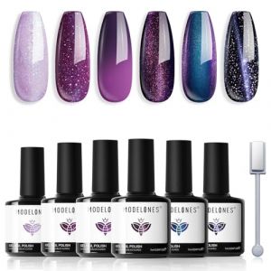 Modelones Vernis Semi Permanent 6 Couleur Gel UV Vernis à Ongles Pailleté Magnétique Cat Eye UV Gel LED Manucure Varnish Kit pour Nail Art- Violet Noir (MJ BEAUTY, neuf)