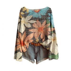 Pulls Femme Vintage Imprimé Floral Bohème Pull Over Tricoté Chic Et Élégant Col Rond Manche Longue Sweater Motif Jacquard Hauts Oversize Casual Vetement 2025 Femme Décontractés (Anglekie, neuf)