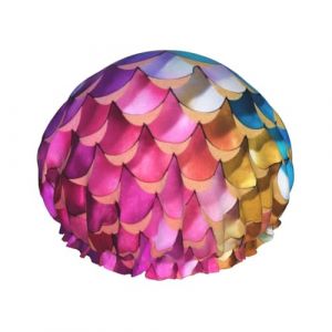 Bonnet de douche coloré imprimé écailles de poisson pour femmes et hommes, bonnet de bain réutilisable en tissu double couche pour filles (xiehuaLJFDY, neuf)