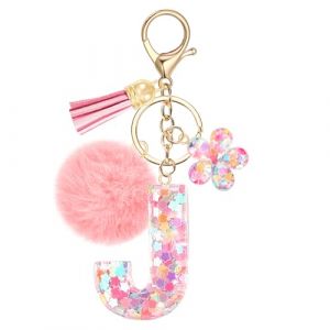 JSRQT Porte-clés Rose avec Initiale J pour Femmes Filles, Nom Porte-clés en Résine Lettres Alphabet à Paillettes et Fleurs, Pompons Pendentifs Bijou de Sac Keychain pour Sac à Main et Sac à Dos (JSRQT-JR, neuf)