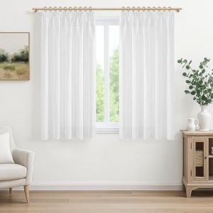 MRTREES Lot de 2 Rideau Voilage Blanc Court Effet Lin Translucide 140x122 CM pour Fenetre Cuisine Rideaux Voilages Int&eacute;rieurs Galon Fronceur D&eacute;coration de Maison Chambre Brise Bise Voilage (MRTREES HOME, neuf)