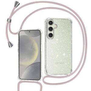 Tikgue Coque pour Samsung Galaxy S24 Plus/Samsung Galaxy S25 Plus avec Cordon, Collier Coque Glitter Transparent Paillettes Etui TPU Bumper Silicone Case avec Cha&icirc;ne Lani&egrave;re Housse - Or Rose (Tikgue, neuf)