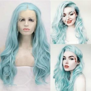 xiweiya Perruque synth&eacute;tique vert menthe bleu clair avec dentelle frontale, cheveux longs ondul&eacute;s bleu ciel, perruque en fibre r&eacute;sistante &agrave; la chaleur, perruque haute densit&eacute; pour femme (xiweiya wig, neuf)