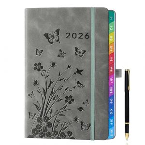 2026 A5 Week-to-View Diary & Planner (Jan 2026 - Dec 2026) - Gris, motif floral, avec onglets mensuels colorés, porte-stylo élastique, 2 signets, passant pour stylo et pochette intérieure (ZT BenYu, neuf)