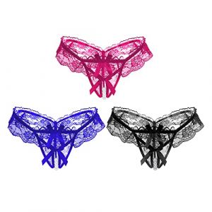 TINAYAUE Lot de 3 String Perles pour Femme Culotte Ouvert en Dentelle String Sexy Slips Lingerie Confortable pour Cadeau Saint-Valentin Fête (TINAYAU, neuf)