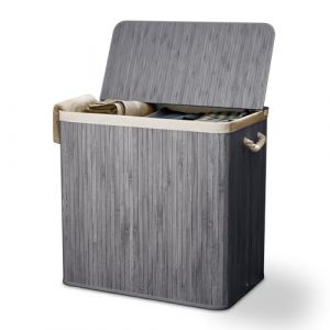 Juskys panier à linge en bambou Curly 150 L - Wäschesammler avec couvercle, poignées & sac en tissu - 3 compartiments tri linge - Gris (Juskys Gruppe GmbH, neuf)