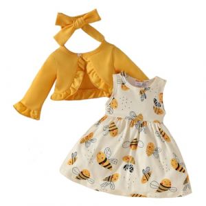 LUVCES Ensemble Robe Tutu et Cardigan Bebe Fille 2Pcs Sans Manches Bowknot Princesse Robe et Cardigan en Jean Manteau &eacute;t&eacute; Automne V&ecirc;tements Outfits Abeille jaune &agrave; manches longues 9-12 Mois (SANYI FASHION, neuf)