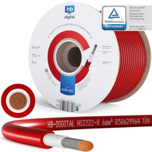 hb-digital 100m Câble solaire 6mm² Photovoltaïque H1Z2Z2-K - Certifié TÜV Rheinland - Résistant aux UV Flexible 1500V Cable PV pour Panneau solaire Régulateurs de charge Onduleurs - Rouge (HB-DIGITAL, neuf)