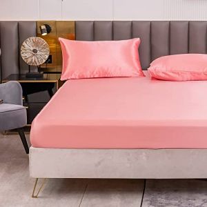 Drap Housse Satin 135x190 cm 2 Personnes avec Grand Bonnet de 30 cm pour Matelas Épais - Drap-Housse Douce en Satin de Soie Polyester Couleur Unie, Rose (Cote d'Anran, neuf)