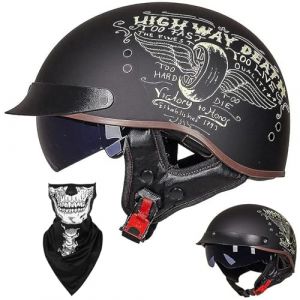 EBAYIN Casque Moto Demi Casque Bol Brain - Cap RéTro Harley Jet Casque Certifié ECE Cruiser Chopper Scooter Pilote Casque Lunettes IntéGréEs Unisexe Casque à DéGagement Rapide,E-XXL=（63~64cm） (GAOSHUXIA666, neuf)