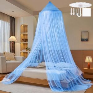 Moustiquaire de Lit,Ciel de Lit Bleu,Grande Moustiquaire Dôme Polyester pour Lit Double et Simple,Mailles Fines Baldaquin avec Adhésif Vis Crochet pour Voyage et Maison Jardin,60x250x1100cm (ELion, neuf)