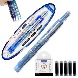 Stylo plume rétractable, rechargeable, 0,38 mm, encre bleue et noire, corps transparent, comprend 5 cartouches d'encre rechargeables pour une écriture fluide sans fuite (bleu clair, bleu effaçable) (Qinchang, neuf)