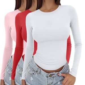 Lot de 3 t-shirts &agrave; manches longues pour femme - En coton - Maillot de corps pour femme - Col rond - Classique - Coupe ajust&eacute;e - Couleur unie - Pull tunique - Sous-v&ecirc;tements thermiques - Haut en (Wen007S, neuf)