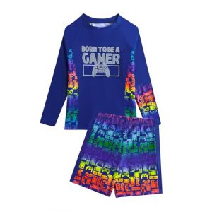 JiAmy Maillot De Bain pour Garçons Été, Maglia À Manches Longues Imprimé Dégradé Console De Jeu, Short, Protection UV, Taille 8-14 Ans (JiAmy-EU, neuf)