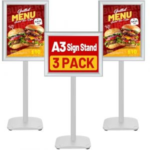 VAIIGO Lot de 3 Porte Affiche A3 sur Pied avec Base Lourde - Pr&eacute;sentoir Menu Ext&eacute;rieur R&eacute;glable 360&deg;, Support de Panneau, cadre encliquetable pour menu, Support Publicitaire Commerce, Bureau(Argent) (WIIGO, neuf)