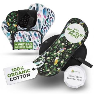 Serviettes hygi&eacute;niques lavables bio avec imprim&eacute; antid&eacute;rapant pour filles et ados (S+M, x6); serviettes menstruelles r&eacute;utilisables en coton, lavables &agrave; haute T&deg;, protection p&eacute;riodique non irritante (Natissy, neuf)