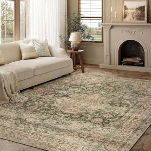 HUGEAR Vert Vintage Tapis Salon 160x230cm Lavable en Machine Antidérapant Grand Carpet Descente de Lit Chambre Adulte Salle a Manger Cuisine Bureau Doux Poil Ras Carpette (RONGBEN, neuf)