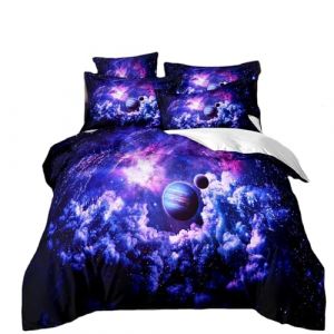 ZZTBQ Bleu Violet Galaxie Housse de Couette pour Chambre Enfant 1 Personne 140x200/65x65 (2 Piece) Lit d'enfant Galaxie Ciel Étoilé Planète Terre Cosmique Parure de lit Enfant pour Garçons et Filles (ZZTBQ, neuf)