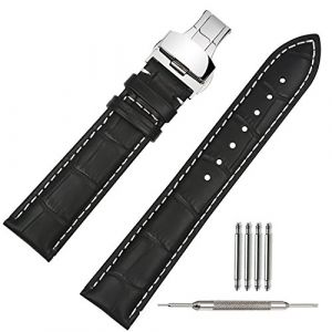 TStrap Montre Bracelet en Cuir 19mm - Noir Bande en Cuir de Veau pour Homme Femme Vintage Retro - Bracelet de Montre Remplacement avec Boucle D&eacute;ployante en Acier Inoxydable - 18mm 20mm 21mm 22mm (EElife-UK, neuf)