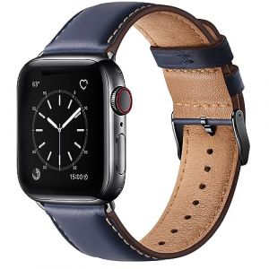 WFEAGL Compatible pour Bracelet Apple Watch 44mm 45mm 49mm 42mm, Bracelet de Cuir Véritable Remplacement Compatible avec Apple Watch Ultra/Ultra 2/ Séries 9 8 7 6 5 4 3 2 1/SE(Bleu militaire/Noir) (World-fine-EUR, neuf)