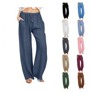 RLEHJN Pantalon Lin Femme Été Décontractés Pantalon Fluide Femme Été Pantalons Mode Coton Chanvre Confortable Jogging Plage Rétro Pants Taille Elastique Pantalons avec Poches Ventes Flash du Jour (⭐⭐⭐⭐⭐RLEHJN, neuf)