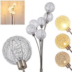 Lampadaire Bernado en métal, nickel mat et abat-jour grillagé - Luminaire pour 6 ampoules G9 idéal dans un salon - chambre à coucher - avec variateur et interrupteur à pied sur le câble, sans ampoules (hofstein, neuf)