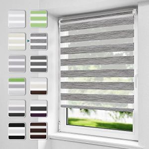 Buseu Store Enrouleur Jour Nuit sans Per&ccedil;age, Installation Facile par Clips ou Vis, Rideau Occultant &agrave; Tissu Double pour Fen&ecirc;tre ou Porte, Lin-Gris, 85l x 150L cm (Anduni, neuf)