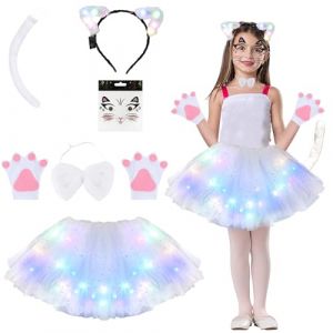 Aitsite Jupe d'Halloween pour enfant - Costume de chat lumineux - Costume d'Halloween pour fille - Tutu LED - Costume de chat - Jupe tutu avec bandeau de chat, cravate, gants et queue, Blanc., taille (Philise, neuf)