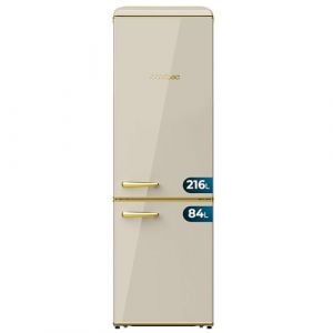 Cecotec R&eacute;frig&eacute;rateur Combin&eacute; 2 Portes R&eacute;tro 300 L Bolero CoolMarket Combi Origin 300 Beige E. Hauteur 191,5 cm et 60 cm large, Contr&ocirc;le de la Temp&eacute;rature, Poign&eacute;e Chrom&eacute;e et &Eacute;tag&egrave;res en Verre, Beige (Cecotec, neuf)