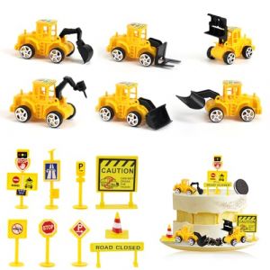 Qcdou 15 Pi&egrave;ces Decoration Gateau Chantier, Mini Excavatrice D&eacute;coration, Jouet Enfant 2 ans Garcon, D&eacute;coration G&acirc;teau V&eacute;hicule de Avec des panneaux de signalisation pour Enfant Anniversaire (Wingner, neuf)