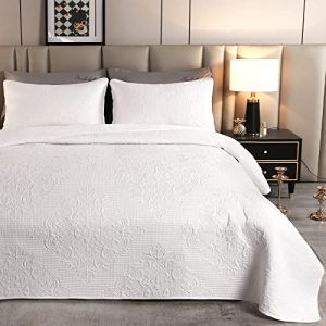 Qucover Couvre et Dessus de Lit Estampé 220x240cm, 2 Personnes en 100% Microfibre, Blanc avec 2 Taies d'oreiller 50x75cm, Ete, Super Léger en Elégant Motif Floral (CAIXIAO, neuf)