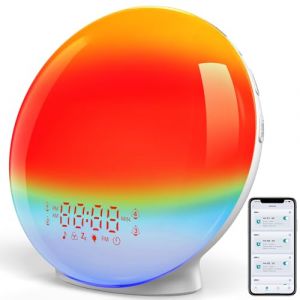 Réveil Lumineux Bluetooth APP, Radio Eveil Matin Lumière Lampe de 20 Niveaux de Luminosité Simulateur d'Aube et Crépuscule 4 Réveils 7 Sons Naturels Fonction Snooze 11 Couleurs Veilleuse Enfant (ALiSen, neuf)