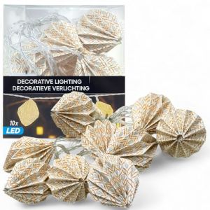 MIJOMA Guirlande lumineuse LED en papier boh&egrave;me, 10 LED blanc chaud, minuterie 6h/18h, &agrave; piles, abat-jour origami, d&eacute;coration pour salon, fen&ecirc;tre et f&ecirc;te (diamant - feuille beige boh&egrave;me) (MIJOMA, neuf)